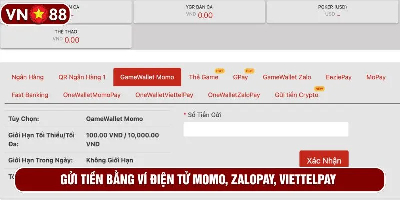 Gửi tiền bằng ví điện tử Momo, ZaloPay, ViettelPay