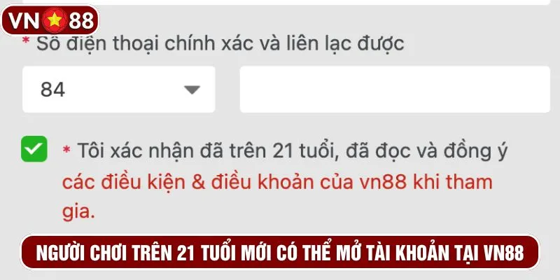 Người chơi trên 21 tuổi mới có thể mở tài khoản tại VN88