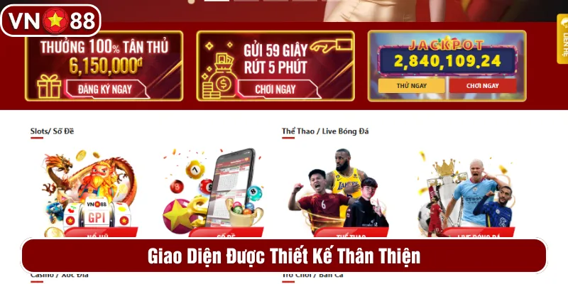 Giao diện trang chủ VN88 được thiết kế thân thiện 